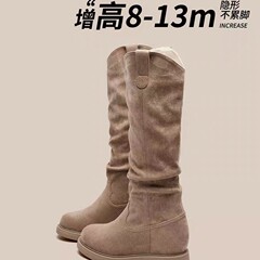 2025秋季新款褶皱高筒靴复古木纹粗跟圆头堆堆靴女骑士长靴弹力靴