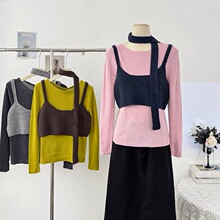 挂脖飘带叠穿短款针织吊带背心+秋冬季圆领长袖毛衣上衣女两件套