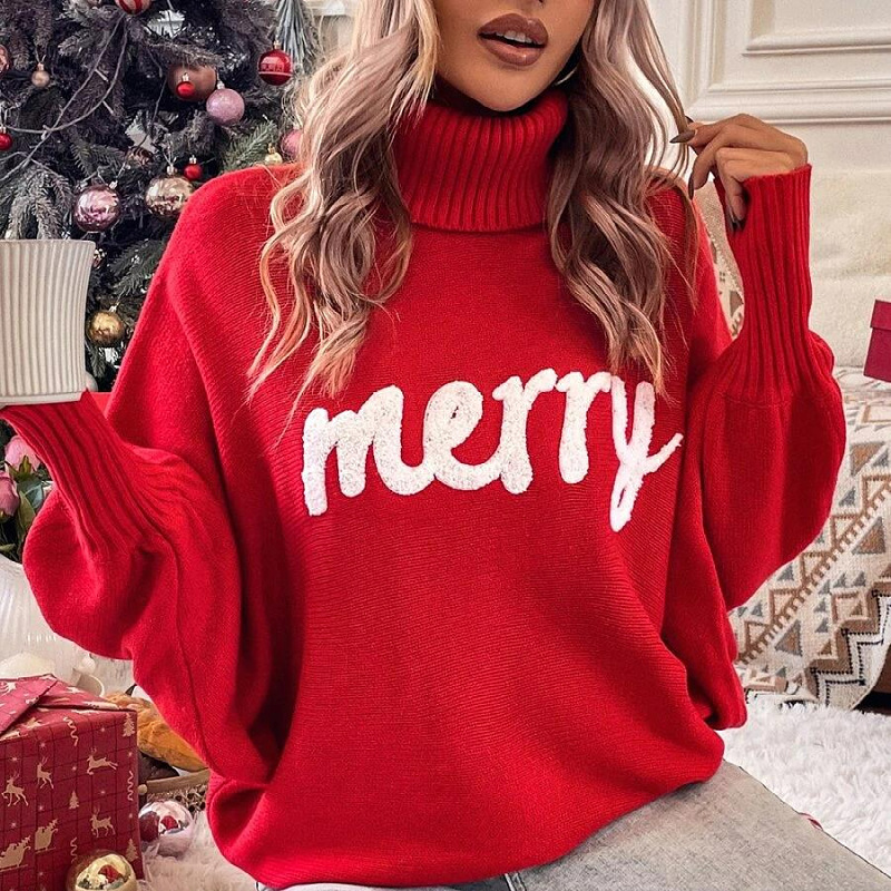 European and American Cross-border Christmas Turtleneck Women's Clothing Amazon Autumn and Winter Loose Bat Sleeve Outerwear Knitted Top Women