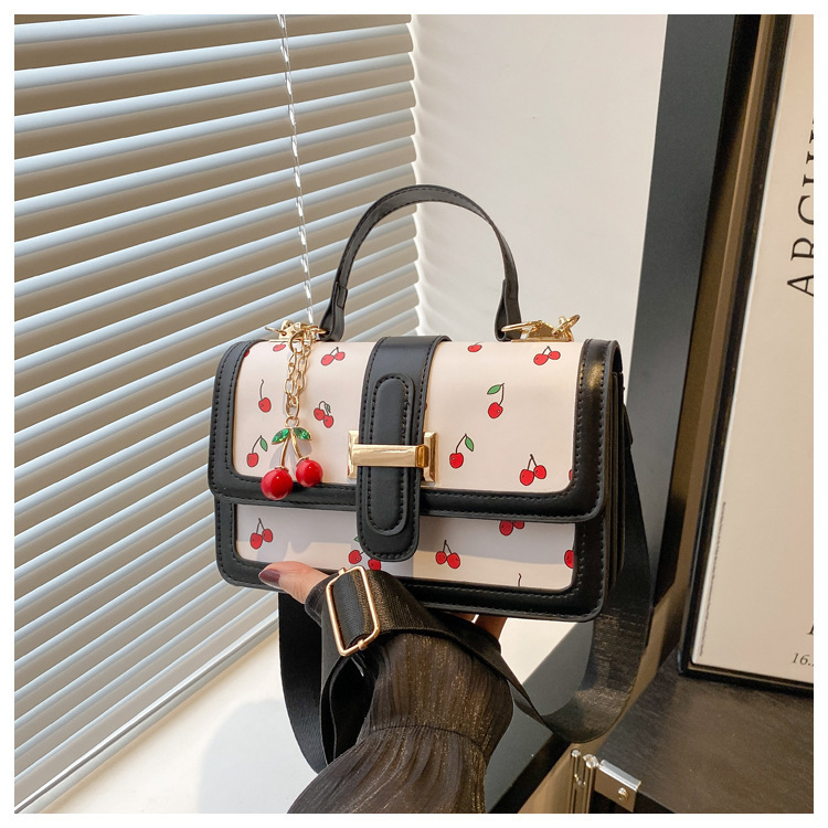 Trendy Sweet Cherry Print Small Square Handbag with Contrasting Colors, Beautiful and Stylish, High-Quality Texture, Single Shoulder Crossbody Bag for Women