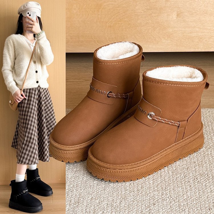 厚底防水皮面雪地靴2025冬季休闲防滑保暖鞋时尚一脚蹬韩版女棉鞋