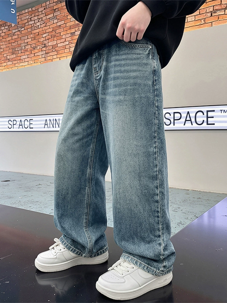 Boys autumn jeans — loose-fit fleece-lined winter trousers, multi-size 120–180 cm