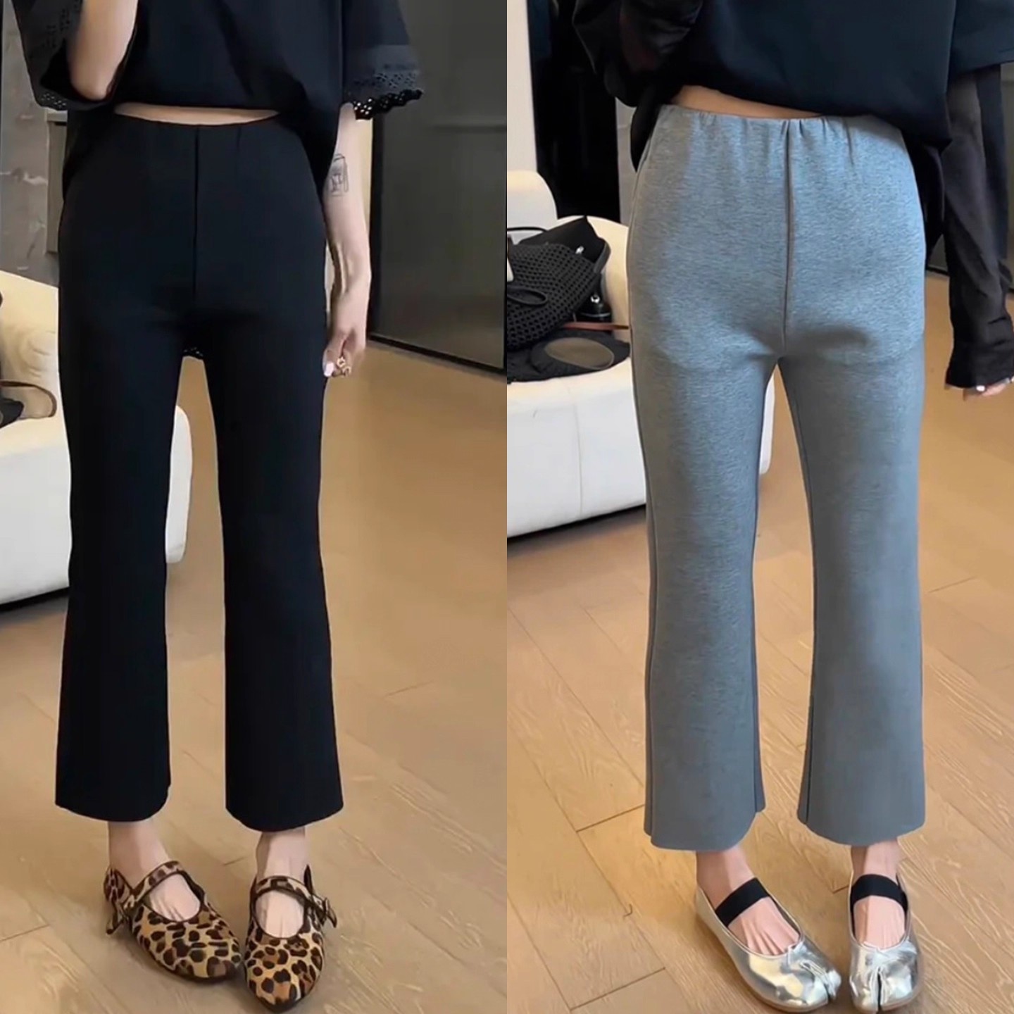 2025 Spring and Autum Nine-Point Flared Pants for Women, Small Fat Mm, Large Size Elastic Waist Casual High-Waisted Slightly Flared Pants