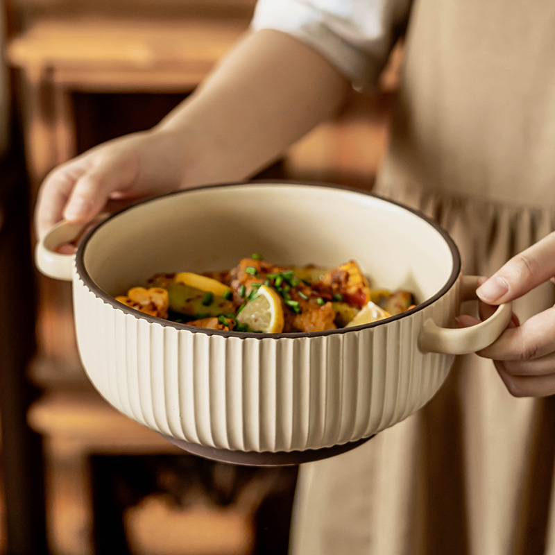 Simple anti-escaldadura tazón de doble oído vajilla de cerámica tazón de sopa tazón de polvo para el hogar tazón de arroz al horno tazón de fideos instantáneos al por mayor tazón profundo Jingdezhen