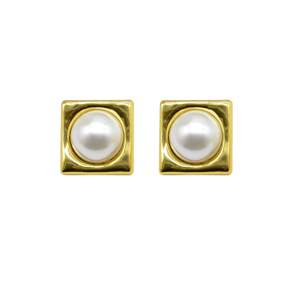 Pendientes de perlas grandes cuadrados simples con aguja de plata Pendientes de diseño exagerado de personalidad femenina Pendientes elegantes de alta gama al por mayor