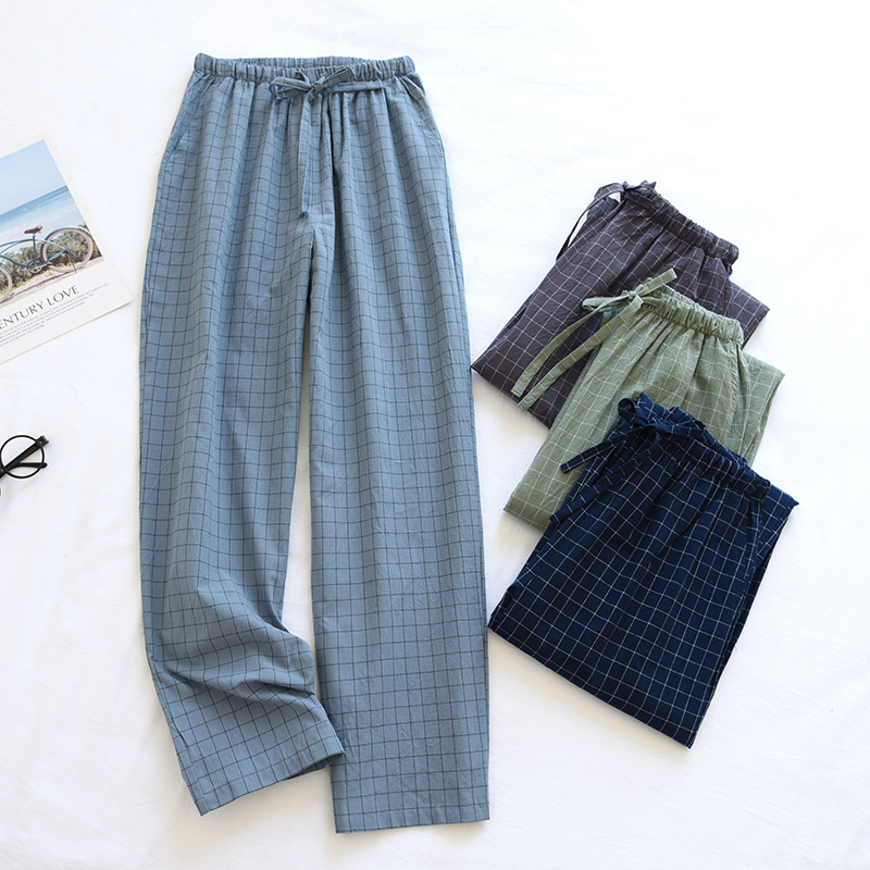 Washed Cotton Pajama Pants Men's Pants Pure Cotton Spring Autumn Summer Thin Japanese Plaid Home Pants Loose Home Large Size