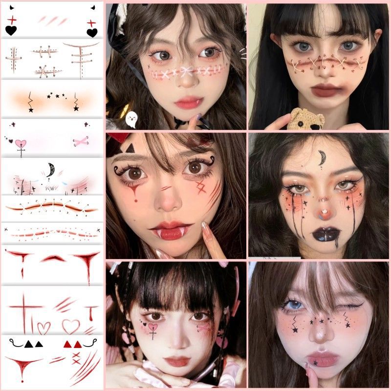 万圣节纹身贴 缝线布偶受伤妆伤疤抓痕脸贴 小恶魔修女南瓜儿童妆
