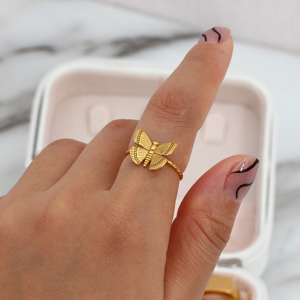 Fashion Stainless Steel 18K Gold Plating Adjustable Butterfly Ring