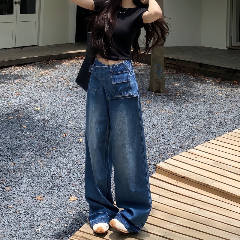 美式阔腿牛仔裤女秋季2025新款大码胖mm显瘦宽松直筒梨型身材裤子|undefined