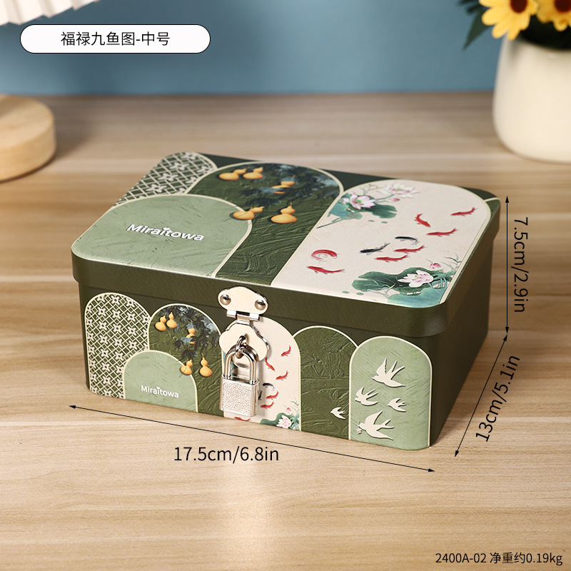 2400A-02 철 상자-Fulu Nine Fish Picture-중형 + 원래 잠금 장치