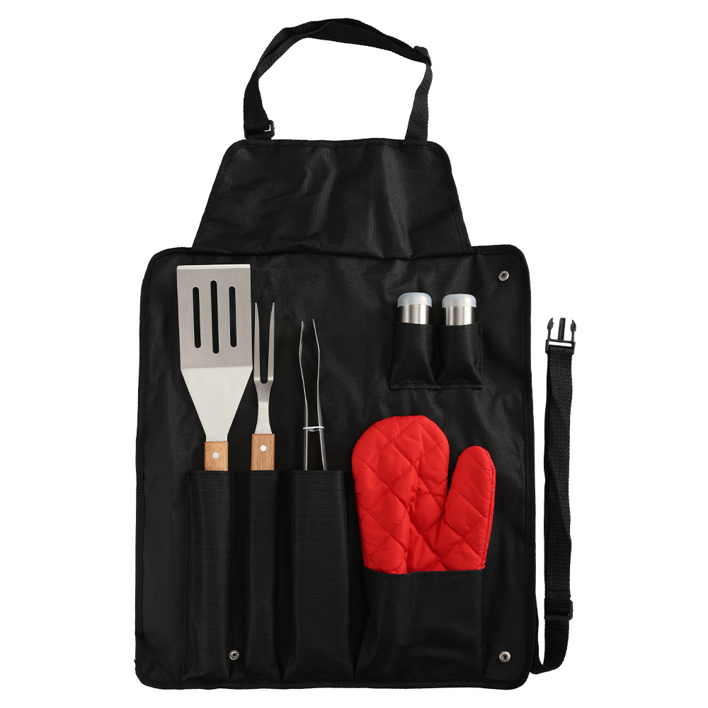 Venta caliente transfronteriza conjunto de herramientas de barbacoa al aire libre de acero inoxidable mango de madera clip de pala delantal bolsa de tela BBQ combinación de utensilios para hornear