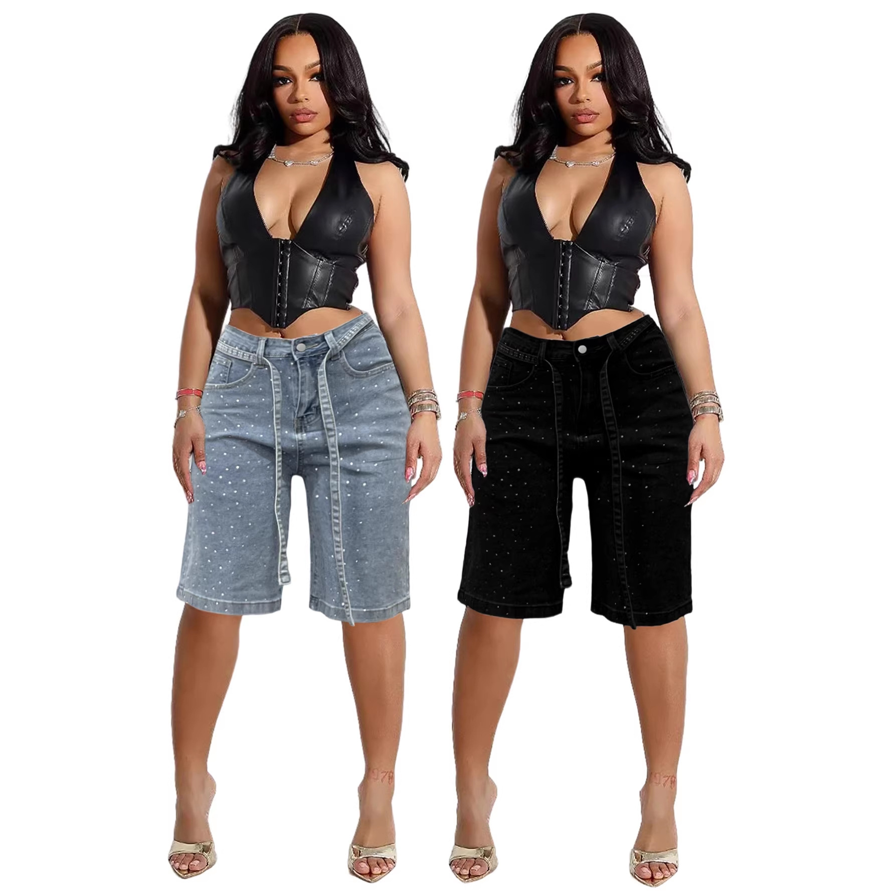 Spring Summer New Women's Loose Fit Denim 5 Pocket Pants Diamond Embellished Belt Spot Pattern Model By D8739_voghion.com