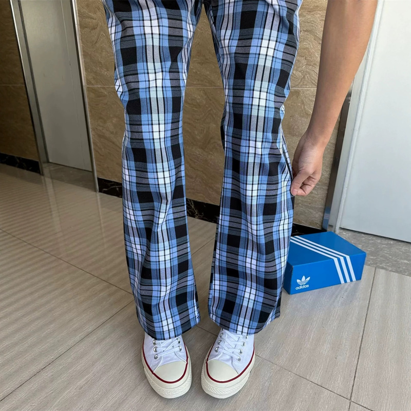 Versatile high-waisted wide-leg simple long pants in blue, black, and white three-color plaid, suitable for daily wear, commuting, and casual occasions, with a floor-length design that covers the legs Versatile high-waisted wide-leg simple long pants in blue, black, and white three-color plaid, suitable for daily wear, commuting, and casual occasions, with a floor-length design that covers the legs