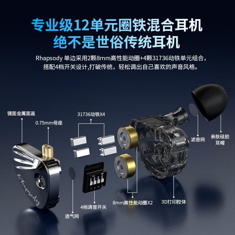 CCA Rhapsodyラプソディーは12ユニットの鉄の有線の耳に入るHIFIのリスニングのイヤホンを調節することができます。|undefined