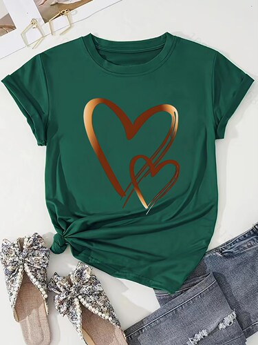 Women's Casual Red T-Shirt with Gold Heart Print - Soft Polyester