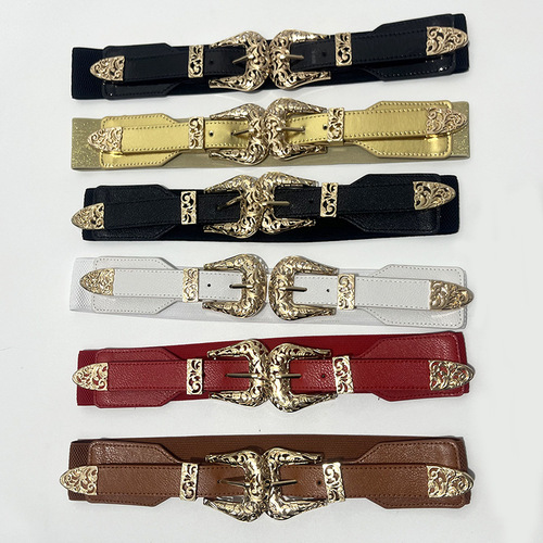 Black retro carved hollow double buckle wide belt double buckle elastic elastic waistband versatile waistband women's accessories