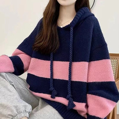 韓国風ゆったりストライプカジュアルフード付きセーター レディース 2025春秋新作 おしゃれ 若見え 香港風ニットジャケット