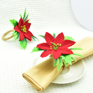 Cross-Border New Creative Red Christmas Flower Napkin Ring Hand-Woven Poinsettia Napkin Buckle Christmas Pine Cone Napkin