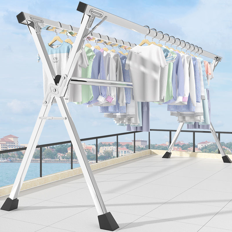 두꺼운 스테인레스 스틸 바닥 스탠딩 수직 건조 랙 가정용 발코니 접이식 건조 랙 다기능 옷 걸이 랙
