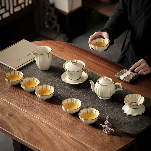 台湾柏韵汝窑功夫茶具套装金丝开片可养窑汝三才盖碗茶壶礼盒