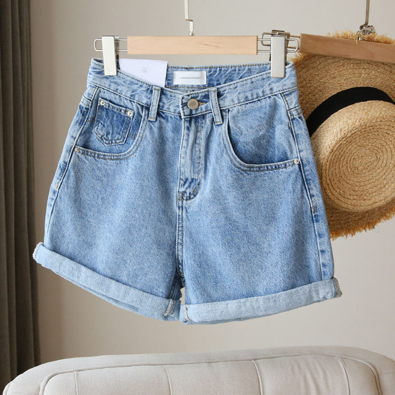 Women's Denim Shorts 2025 Summer New Korean Style High-Waisted Trendy Wide-Leg A-Line Slimming Rolled-Up Hot Pants
