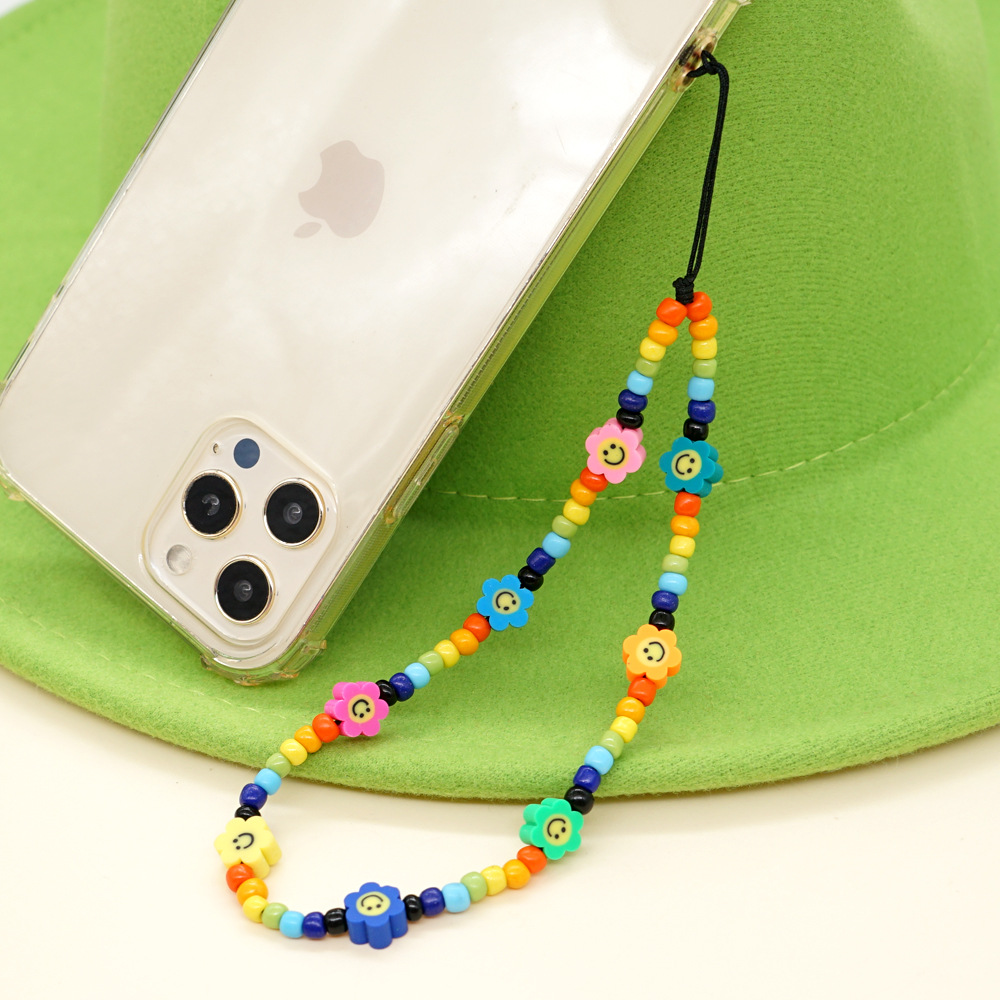 bohemian style rainbow beaded smiley flower antilost mobile phone chainpicture2