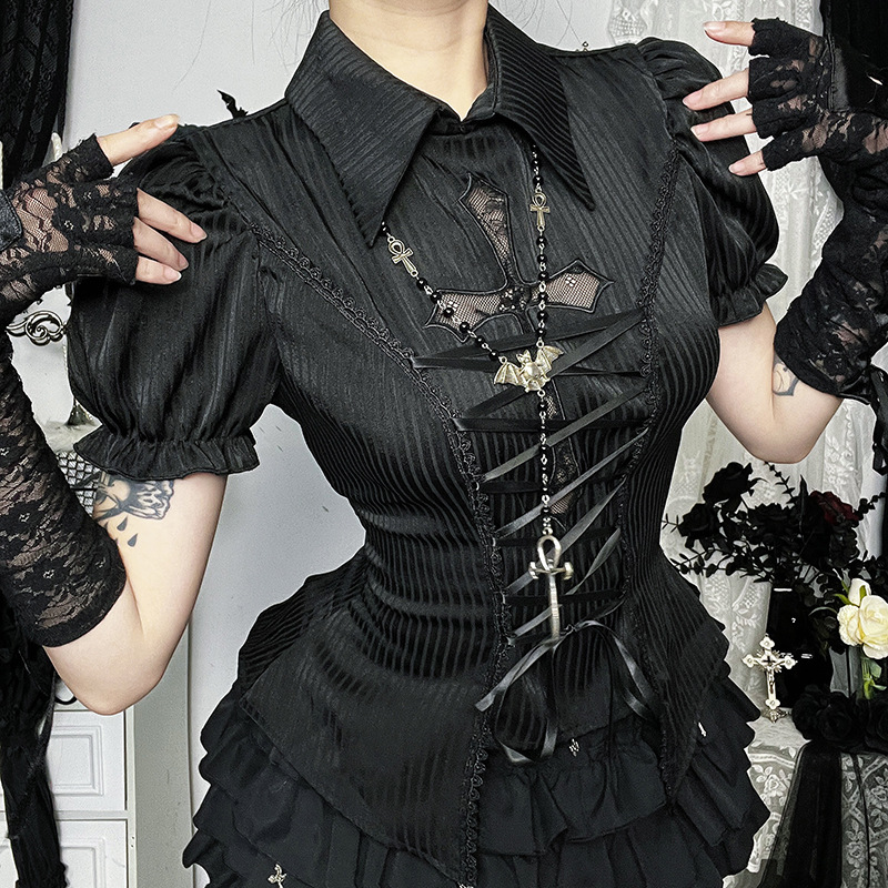 Cf25140 Dark Cross Hollow Lolita Shirt 2025 New Steampunk Lace-Up Shirt for Women