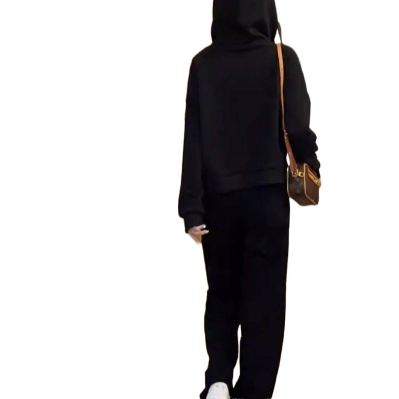 美式运动服套装女秋冬慵懒风宽松加绒加厚连帽卫衣时尚休闲两件套|undefined