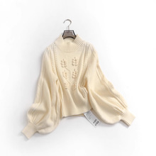 立体花朵显瘦短款半高领宽松灯笼袖秋冬新款长袖淑女针织毛衣N365