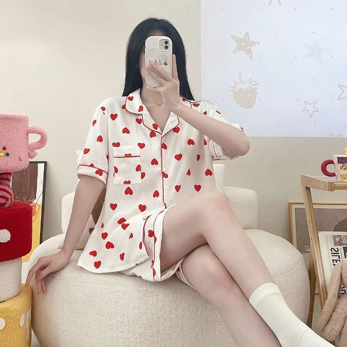 Comercio exterior transfronterizo envío nube traje de algodón pijamas mujeres verano pantalones cortos de manga corta solapa rebeca casual dibujos animados servicio a domicilio