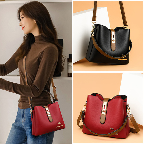 Women's fashion bag spring new large capacity versatile shoulder crossbody bag soft PU solid color simple bucket bag