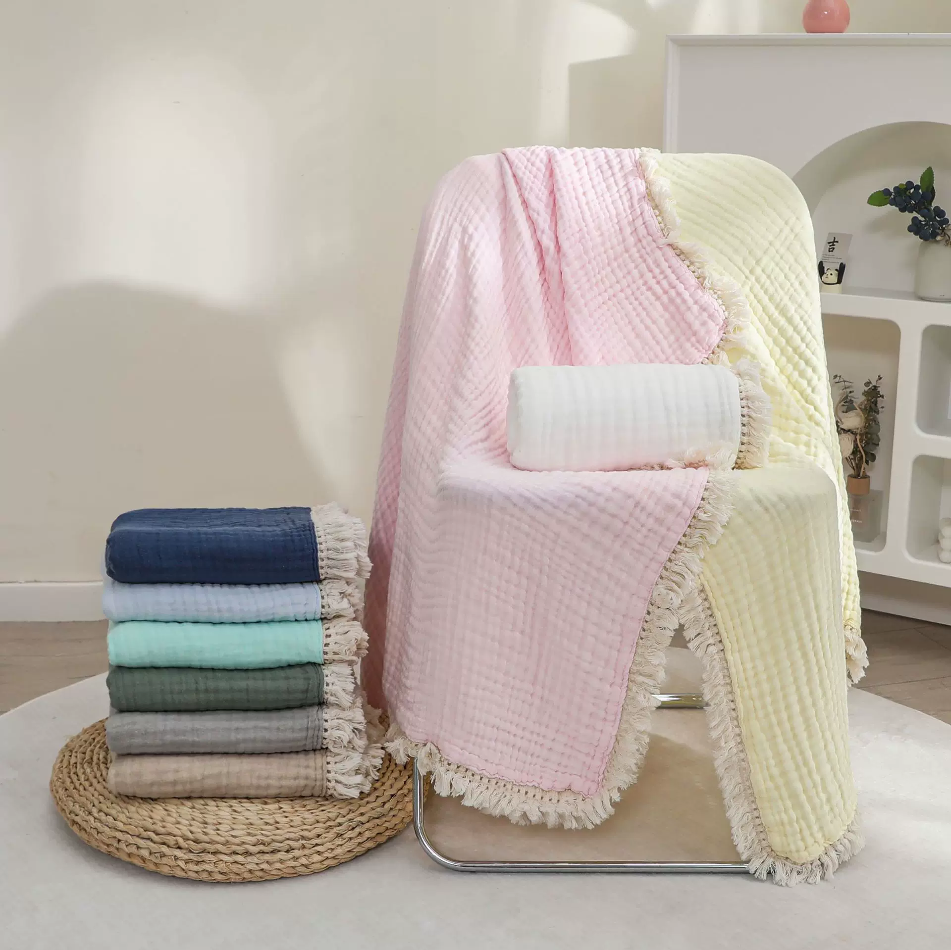 2025新款A类全棉四层纱流苏毯纯棉夏被盖毯空调毯家用浴巾毛巾被