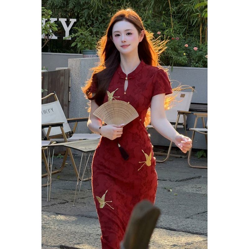 New Chinese Style Water Drop Collar Butterfly Embroidery Cheongsam 2025 Summer New Red Jacquard Dress Women