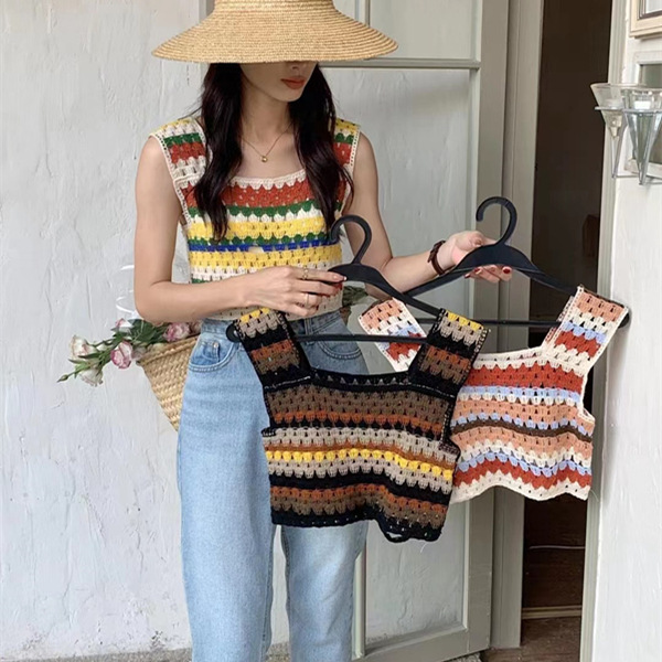 Summer Dopamine Rainbow Stripe Small Vest Exterior Spicy Girl Fashion Design Short Niche Sling Top