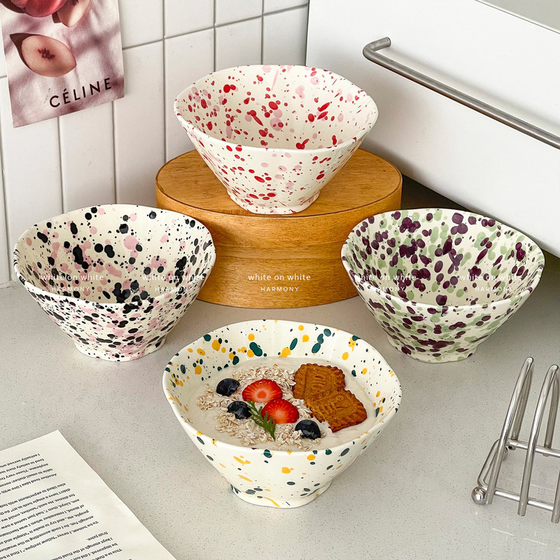 Ink-Splashed Ins-Style Yogurt Bowl, Unique and Beautiful Bowl for One Person, 6inch Household Ceramic Bowls for Soup, Noodles, Breakfast, and Desserts
