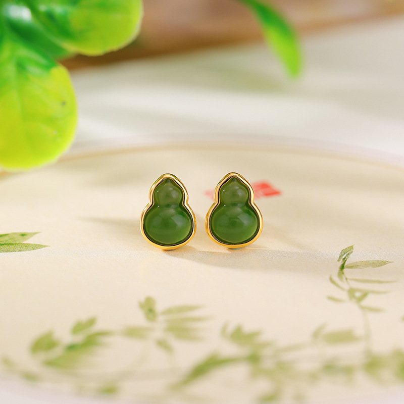 Bông tai bạc S925 mạ vàng đính ngọc bích jasper phong cách retro đơn giản — Kiểu màu bạc