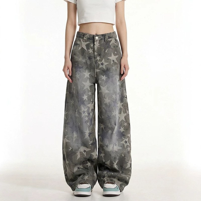 Factory Custom-Made Retro All-Over Star-Printed Jeans for Women, New Summer Design, Loose Straight-Leg Wide-Leg Scimitar Pants