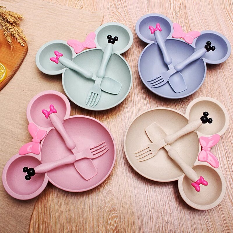 Wheat Straw Tableware Set Baby Rice Bowl Dining Plate Spoon Fork Cute Cartoon Children's Bowl Set Gift