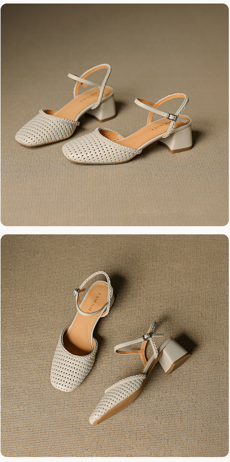 Giày sandal cao gót nữ quai ngang mũi tròn da bò, gót 5 cm — đen chi tiết 22