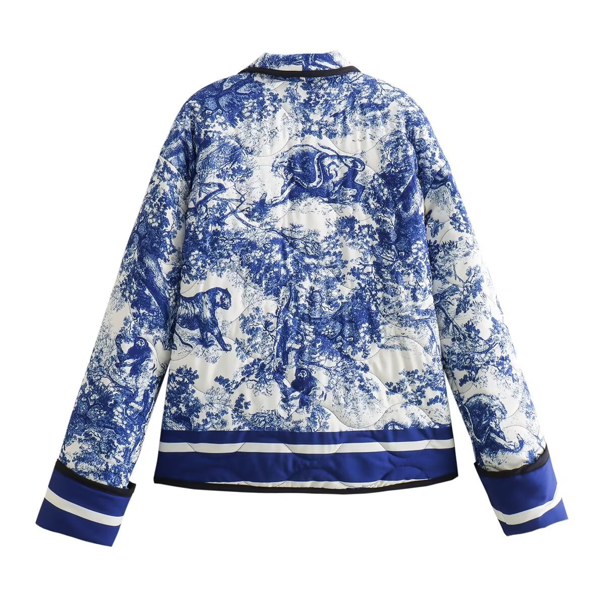 Neue Damenbekleidungskollektion Herbst 2023: Dreifarbige, gestreifte, dekorativ bedruckte, gesteppte, warme Baumwolljacke_voghion.com