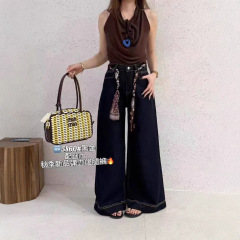 5860秋季新款高弹韩版时尚高腰显瘦丝巾款阔腿牛仔裤女宽松阔腿裤