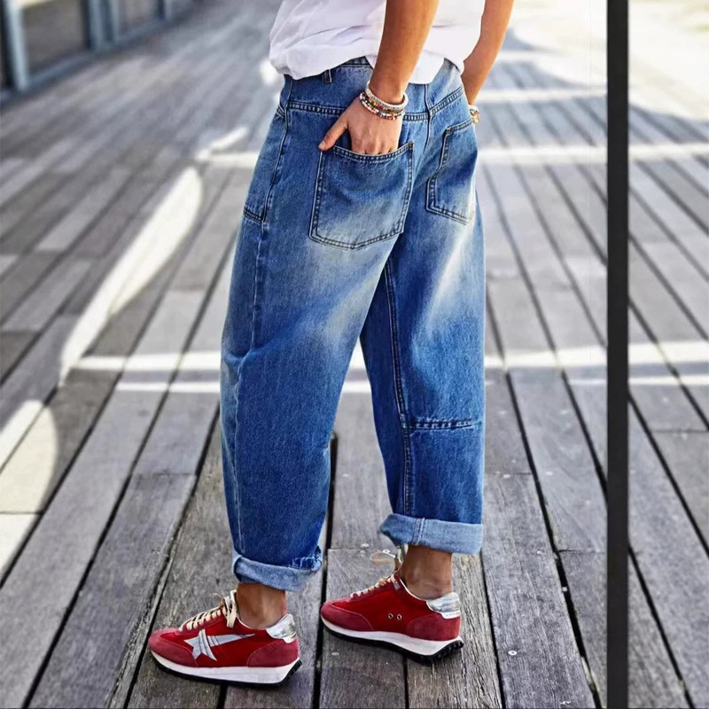 Cross-Border European and American Style Stretch Denim Jeans with Rolled Hems, Sewn-In Pockets, Mid-Waist, Barrel-Leg, Cropped Jeans for Women Cross-Border European and American Style Stretch Denim Jeans with Rolled Hems, Sewn-In Pockets, Mid-Waist, Barrel-Leg, Cropped Jeans for Women