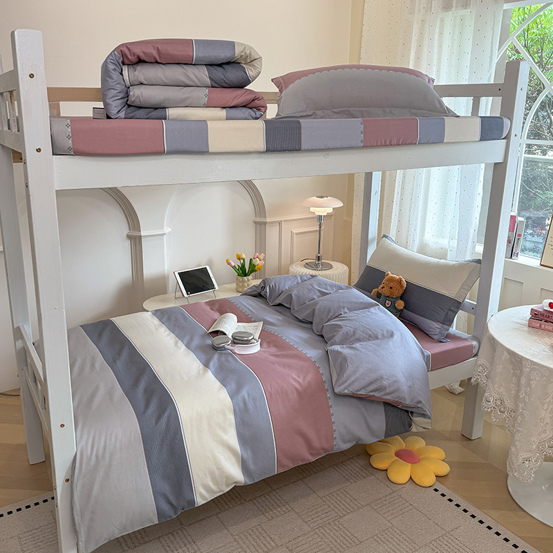 Juego de cama de dormitorio de estudiantes universitarios de tres piezas de algodón puro algodón lavado de algodón sábana individual funda de edredón juego de cama de cuatro piezas