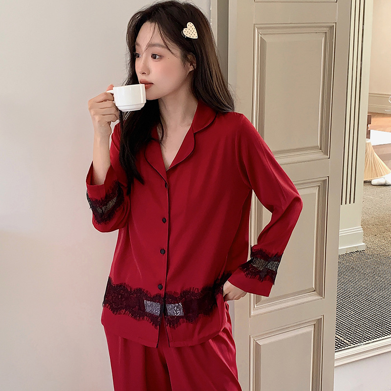Spring and Autumn Women's Elegant Small Lace Cardigan Pajamas Solid Color Lapel Long Sleeves Trousers Can Be Worn Outside Imitation Acetic Acid Home Clothes