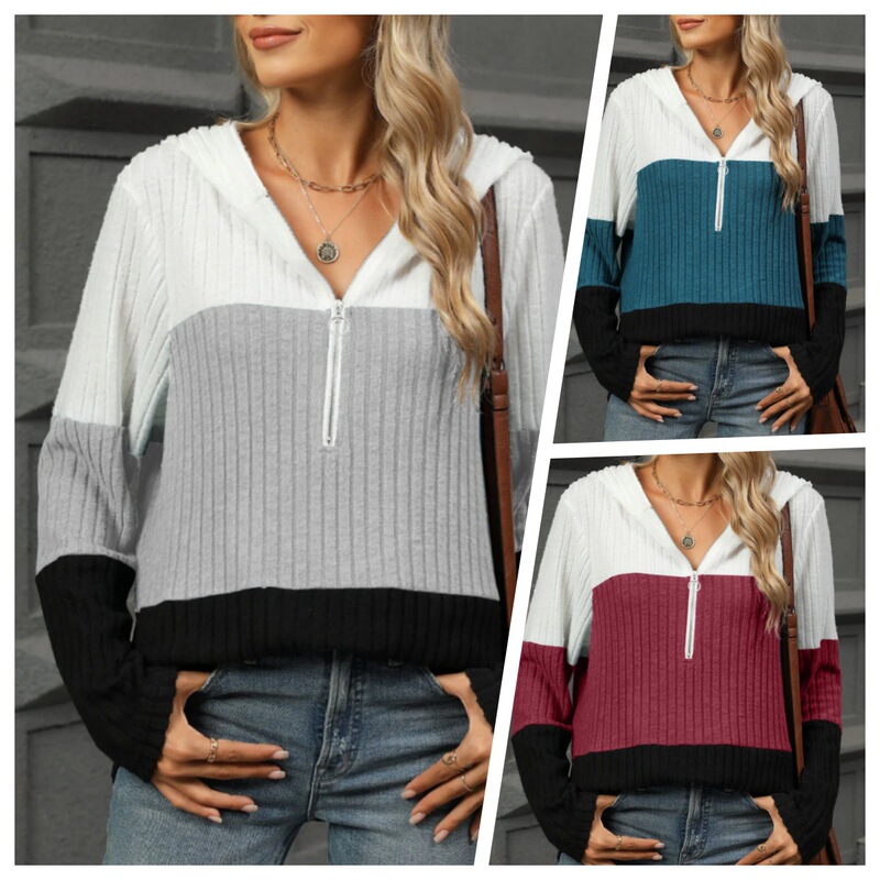 2026 In-Stock Independent Site European and American Cross-Border Amazon Large Size Color-Blocked Half-Zip Drawstring Hooded Sweatshirt