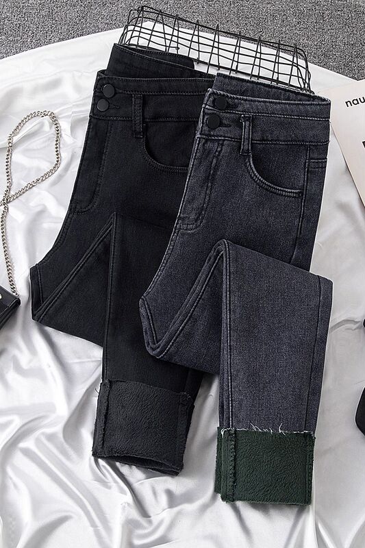 Winter Fleece-Lined 2023 New Style Double-Button High-Waisted Jeans for Women, Paired with Boots, Slim-Fit Skinny Pants for Autumn and Winter