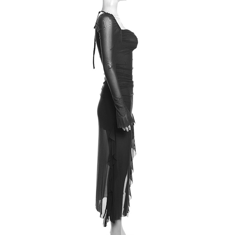 European And American Style 2024 Autumn Winter New Women's Mesh Ruffle Niche Design Long Sleeve Square Neck Dress_ecoleips.com