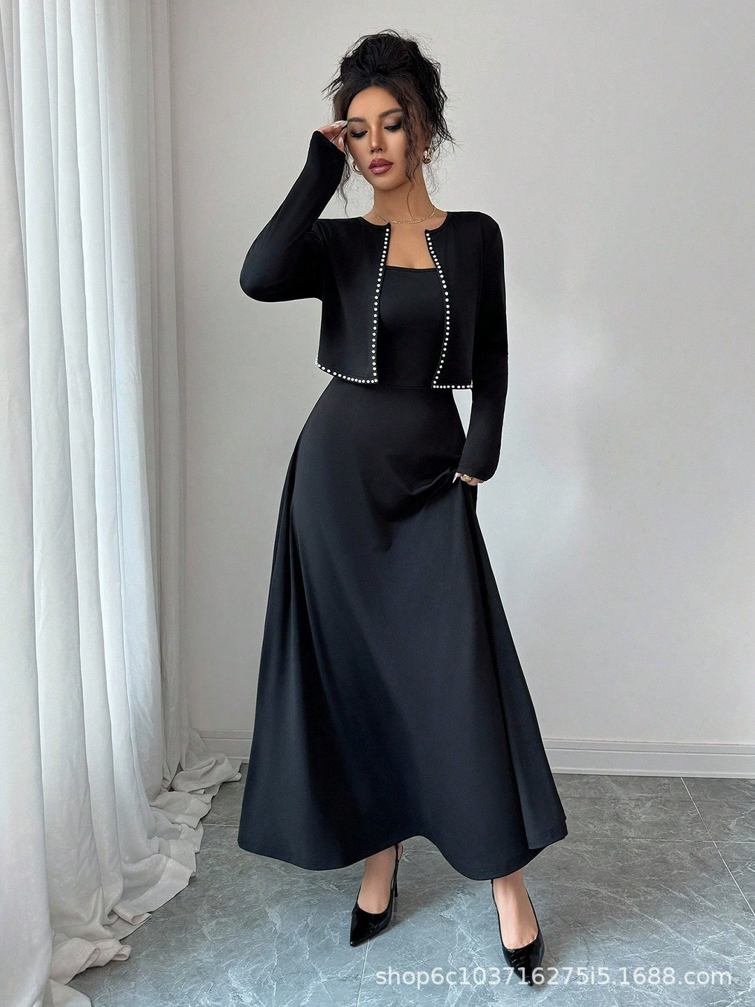 Демисезонный knitted кардиган, длинное Slip-платье, юбка, европейский стиль, стиль Chanel, средней длины, яркий запоминающийся стиль, корейский стиль