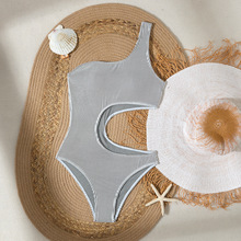 跨境连体泳衣女新款欧美风条纹款性感单肩镂空紧身纯欲风连体泳装