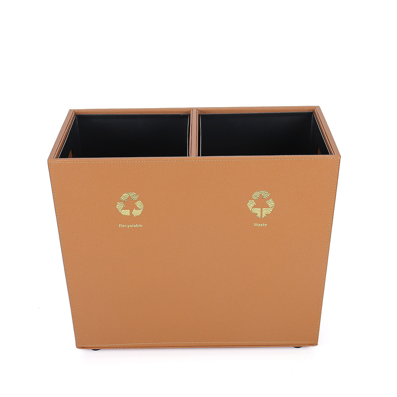 Double-Compartment Classification Trash Can with Customized Logo Hotel Room Leather Conical Lidless Paper Basket with Metal Inner Bucket